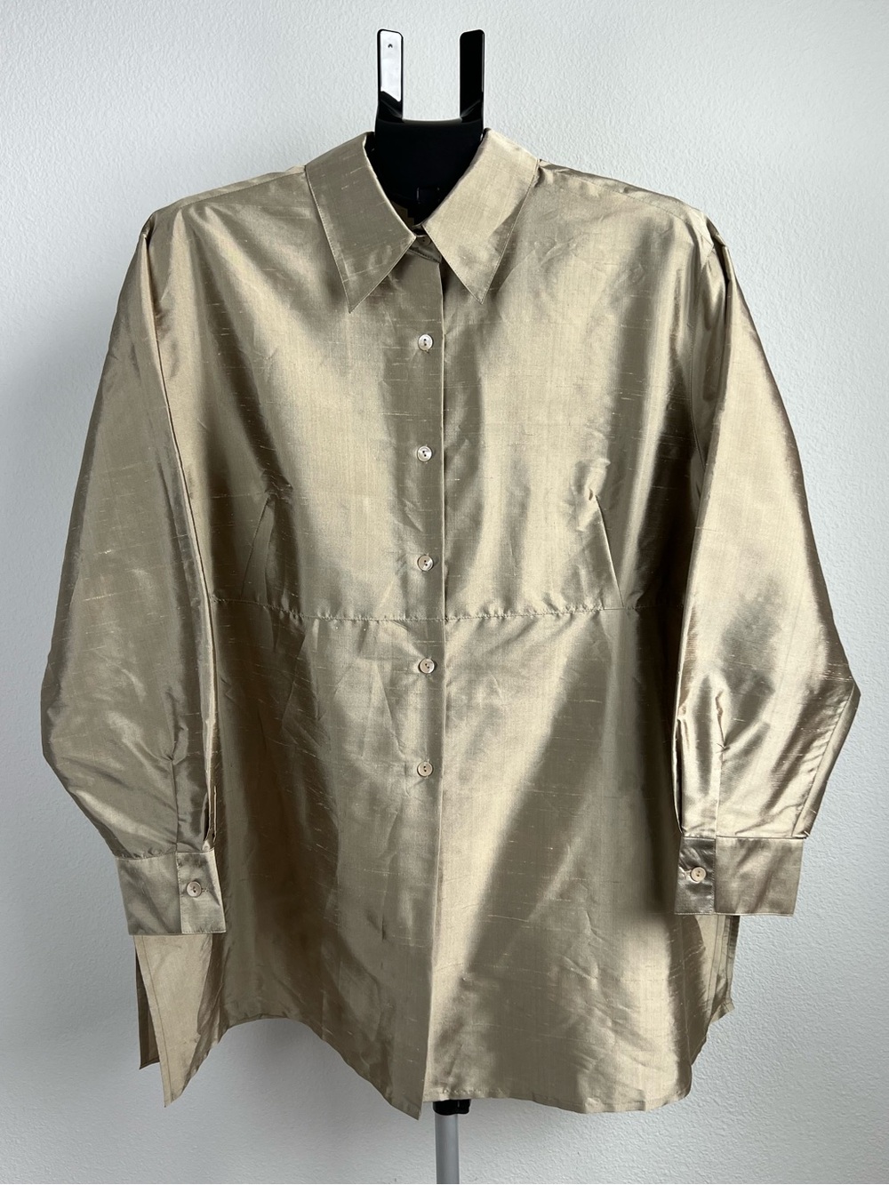 Nora Noh 100% Silk Blouse 2X Gold Oversized Shirt Minimalist Designer Top